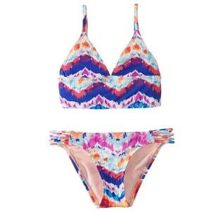 Hobie Chevron Floral Print V Neck Midikini Bikini Set Girls sz 8 Blue